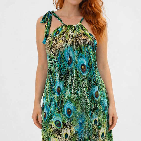 Saída de praia em malha estampada pavão